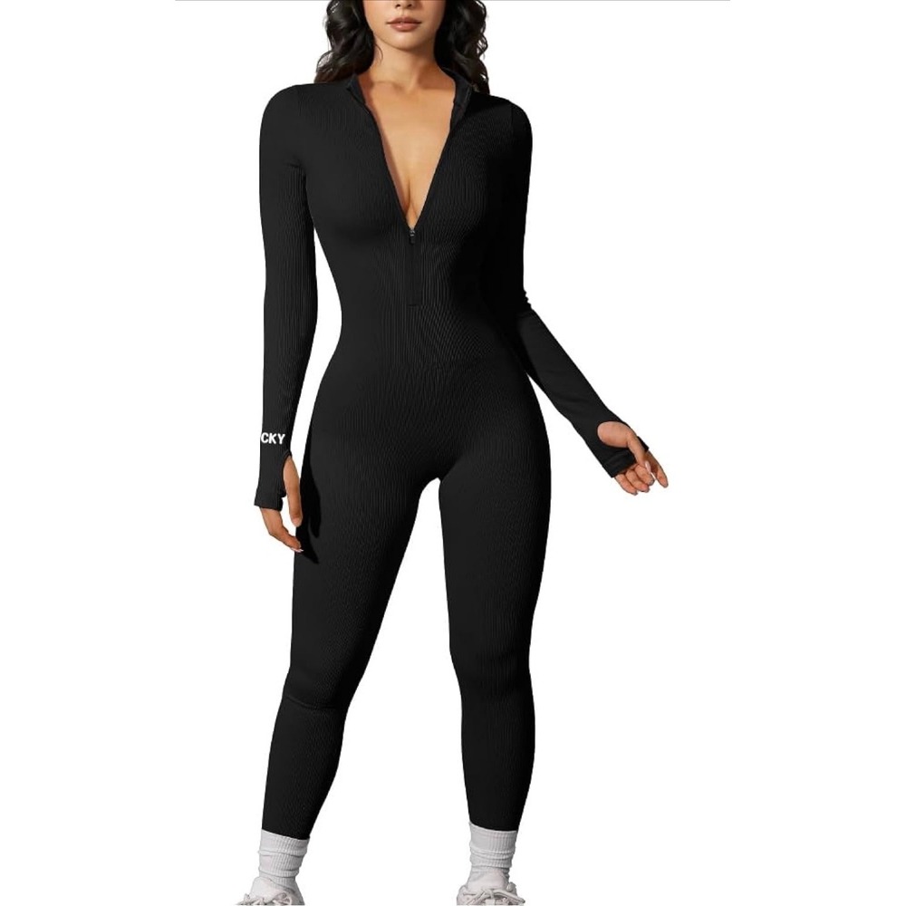 Glamaker Lucky Label Ribbed Knit Jumpsuit Women L Black Stretchy Catsuit Layer